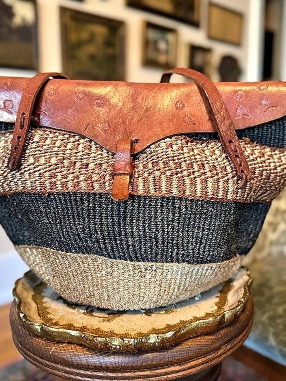 Woven Leather Tote in Brown & Blue